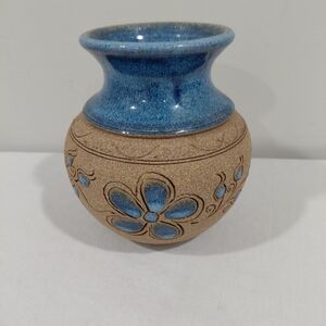 Blue and Tan Floral Pottry Vase Signed Terry Myhren